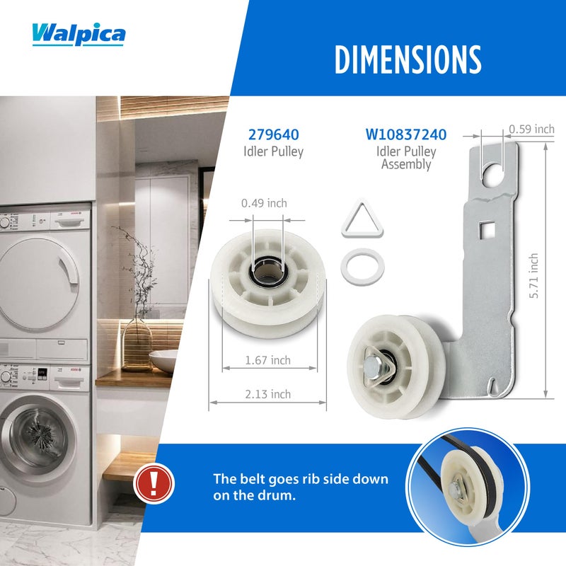 Walpica W10837240 4392067 Dryer Repair Kit Belt Idler Pulley 3387610 279640 661570V 80047 Drum Roller Bearing for Whirlpool Cabrio Duet Maytag Bravos XL Kenmore Elite Model 110 Series Dryer Replacement Parts - Image 5